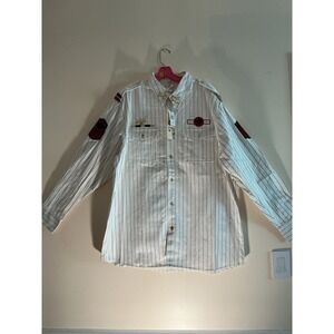 Vintage‎ Y2K PJ MARK Men's 3XL White Pinstripe Military Style Shirt with Patches